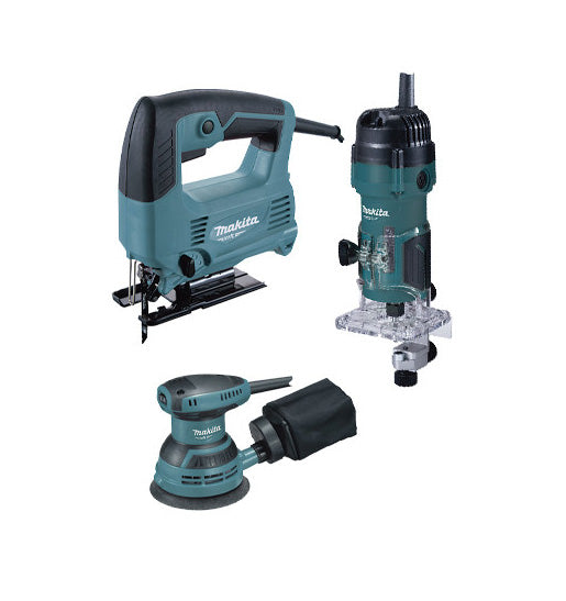 Ensemble d'outils électriques Makita MT : scie sauteuse 450 W + fraiseuse 530 W + ponceuse rotorbitale 230 W PRK00185