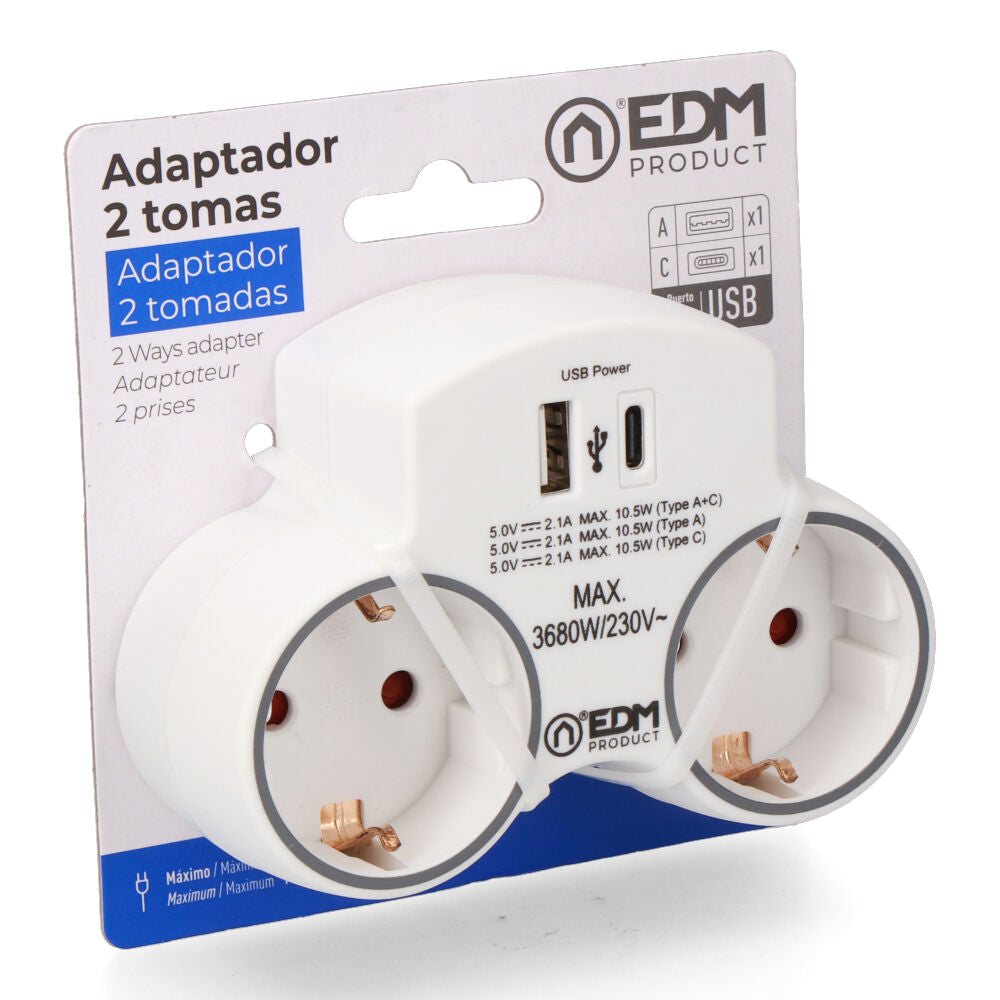 Adaptateur 2 prises 2P+T SCHUKO avec 2 ports USB (A + C) EDM