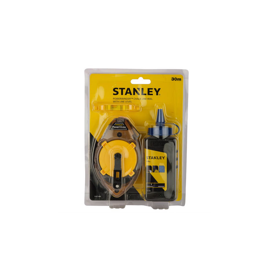 Powerwinder 30m Chalk Line Kit + Powder + Stanley 0-47-465 Level