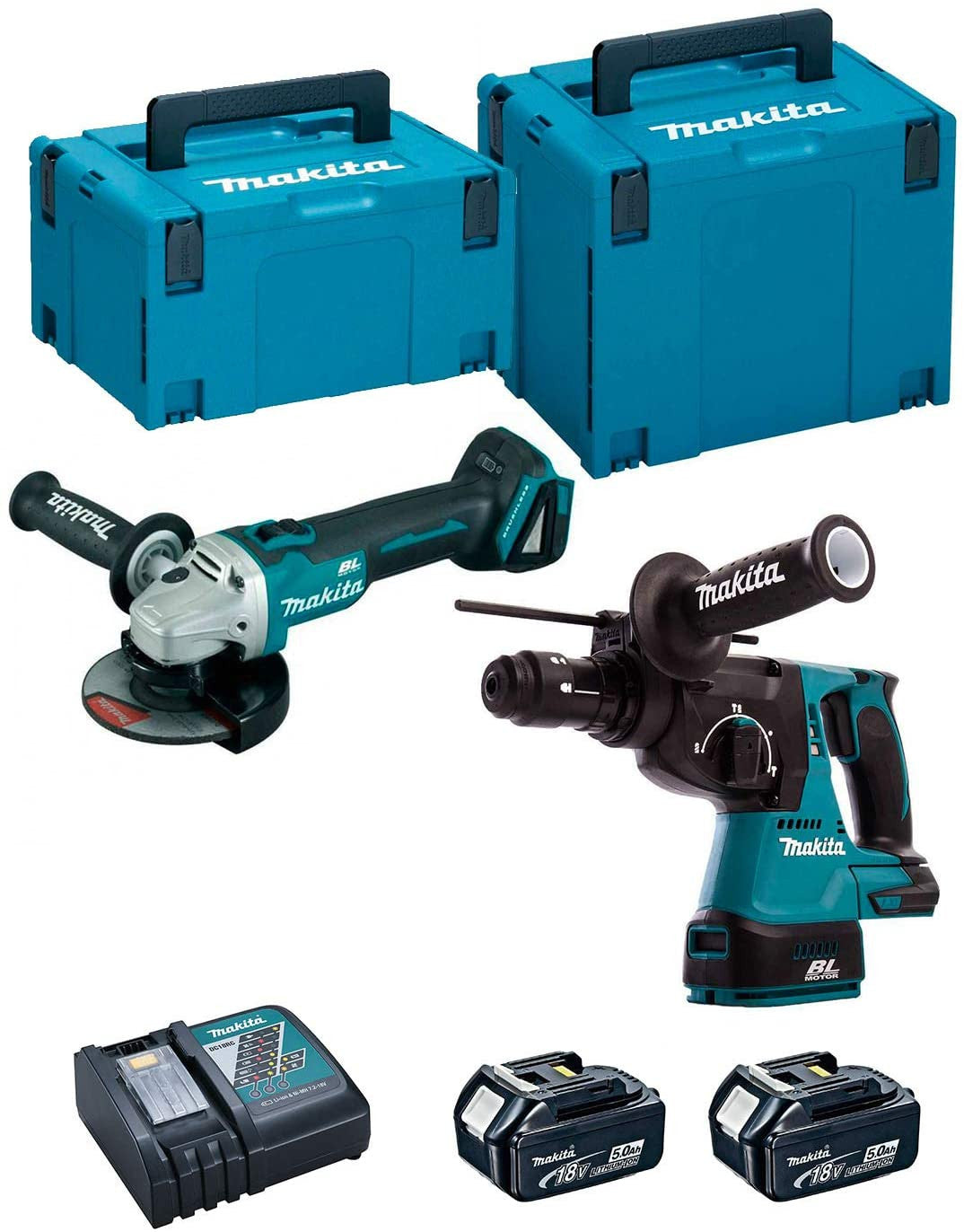 DGA504ZJ Grinder + DHR243RTJ 18V Light Hammer Combo Kit with 2 5.0Ah Batteries and DLX2125TJ1 Makita Cases