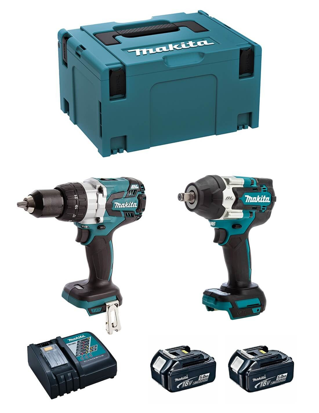 DHP481RTJ Hammer Drill Combo Kit + DTW700Z 18V Impact Wrench with 2 5.0Ah Batteries and Makita DLX2480TJ2 Case