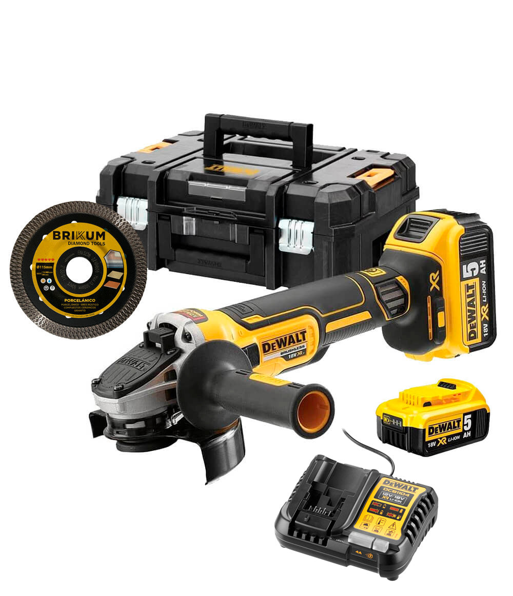 Meuleuse sans balais XR 18V ​​125mm avec 2 batteries 5Ah + Disque + Chargeur Dewalt DCG405P2X