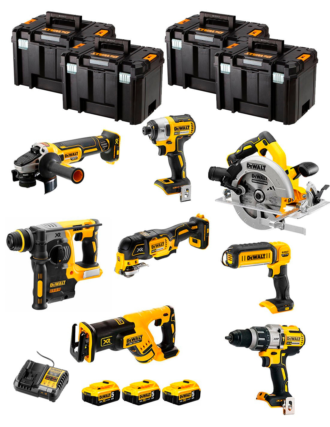 Dewalt Kit 8 gereedschap + 3 bat 5ah + DCB1104 Oplader + 4xTstak VI DCK869P3