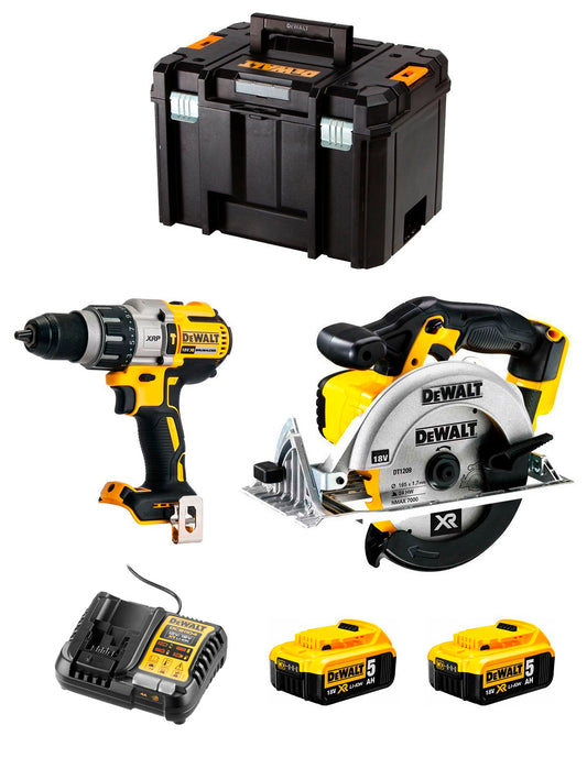 Dewalt Kit DCD996 Boorhamer + DCS391 Cirkelzaag + 2bat 5Ah + lader + TSTAK VI DCK291P2