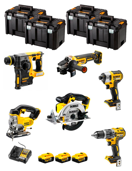 Dewalt Kit 6 gereedschap + 3 bat 5ah + DCB1104 Oplader + 4xTstak VI Kit DCK691P3