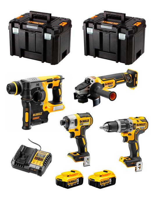 Dewalt Kit met 4 Gereedschap + 2 5Ah accu + lader + 2x TSTAK VI DCK496P2