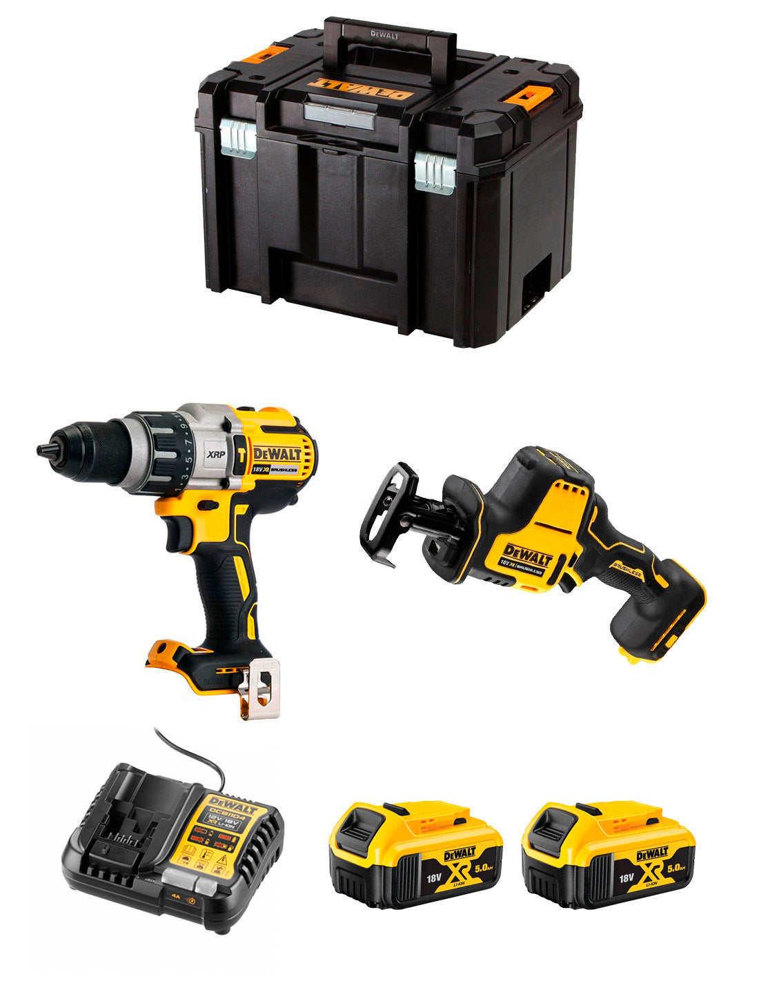 Dewalt Kit DCD996 Boorhamer + Mini Reciprozaag DCS369 + 2bat 5Ah + lader + TSTAK VI DCK269P2