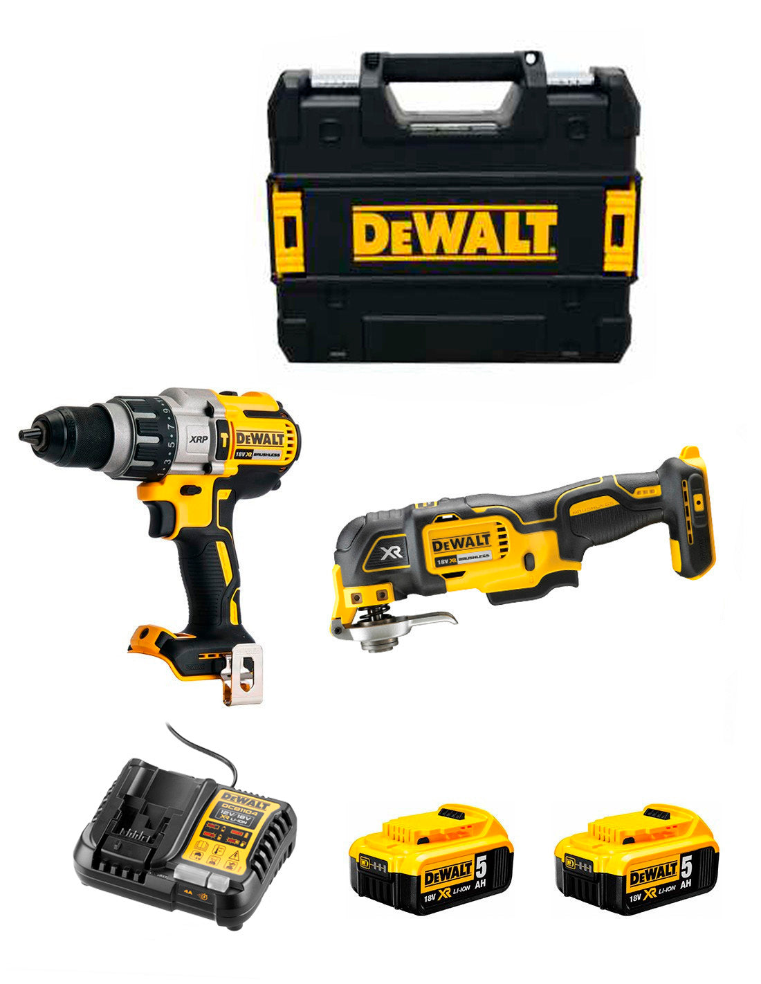 Dewalt DCD996 Hamerboorset + DCS356 Multitool + 2bat 5Ah + lader + DCK280P2 Aktetas