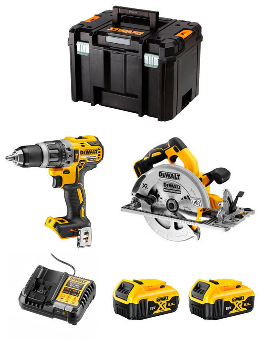 Dewalt Kit DCD996 Boorhamer + DCS572 Cirkelzaag + 2bat 5Ah + lader + TSTAK VI DCK296P2