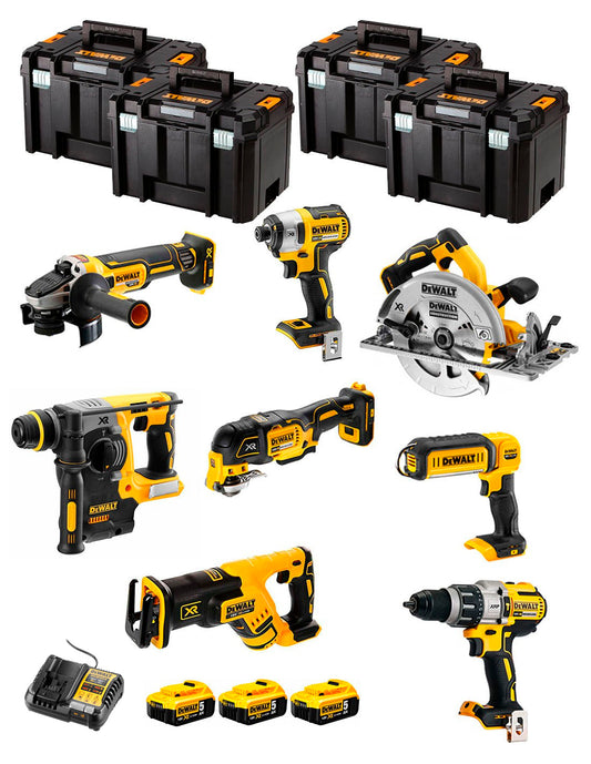 Dewalt Kit 8 gereedschap + 3 bat 5ah + DCB1104 Oplader + 4xTstak VI Kit DCK867P3