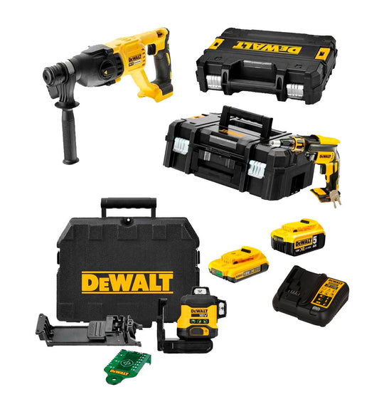 Combo Panneau de Gypse Méga : Tournevis DCF620 + Marteau DCH133 + Niveau DCLE34031N + 2 Batteries Dewalt 18V