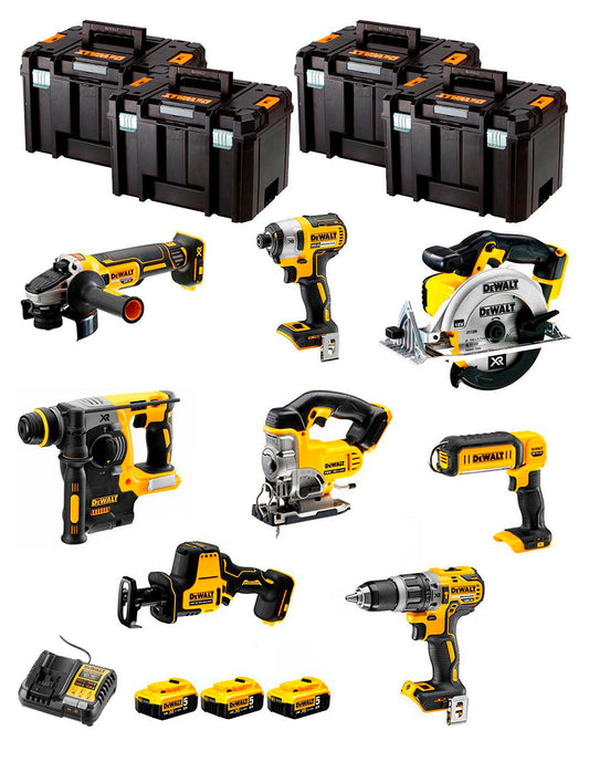 Dewalt Kit 8 gereedschap + 3 bat 5ah + DCB1104 Oplader + 4xTstak VI DCK891P3