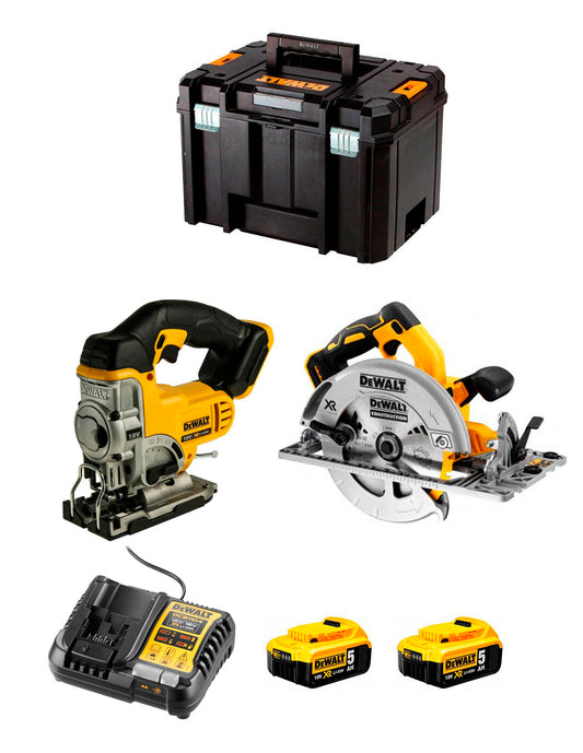 Dewalt Kit Cirkelzaag DCS572 + Decoupeerzaag DCS331 + 2bat 5Ah + Oplader + TSTAK DCK270P2