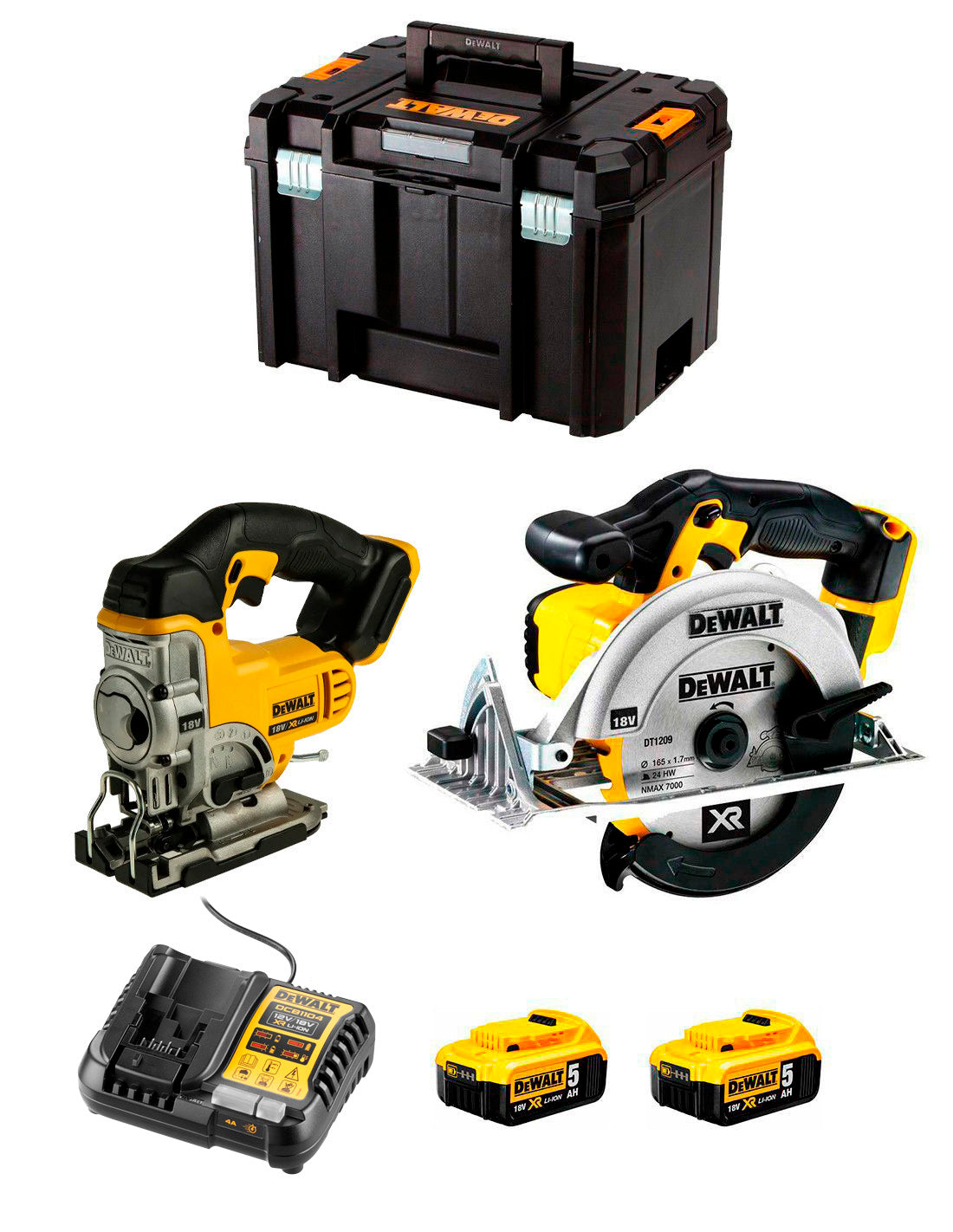 Dewalt Decoupeerzaagset DCS331 + Cirkelzaag DCS391 + 2bat 5Ah + Oplader + TSTAK VI DCK215P2