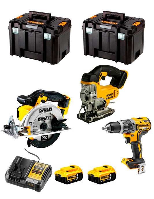 Dewalt Hamerboorset DCD796+ Decoupeerzaag DCS331+ Cirkelzaag DCS391+ 2bat 5Ah+ Oplader+ 2xTSTAK VI DCK391P2