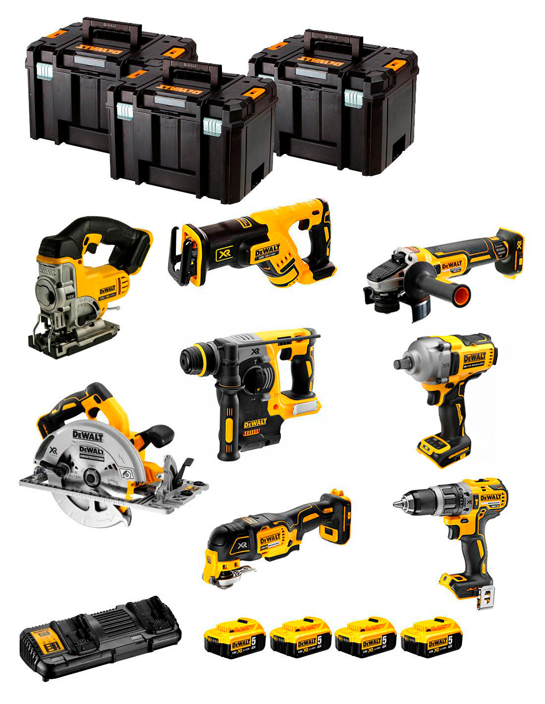 Kit Dewalt 8 outils + 4bat 5Ah + Chargeur DCB132 + 3xTSTAK DCK867P4