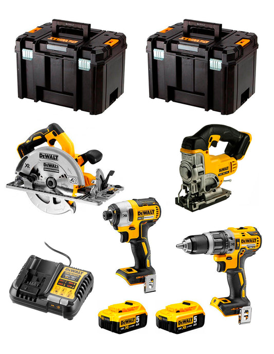 Dewalt Kit 4 gereedschap + 2 bat 5ah + DCB1104 Oplader + 2xTstak VI Kit DCK470P2