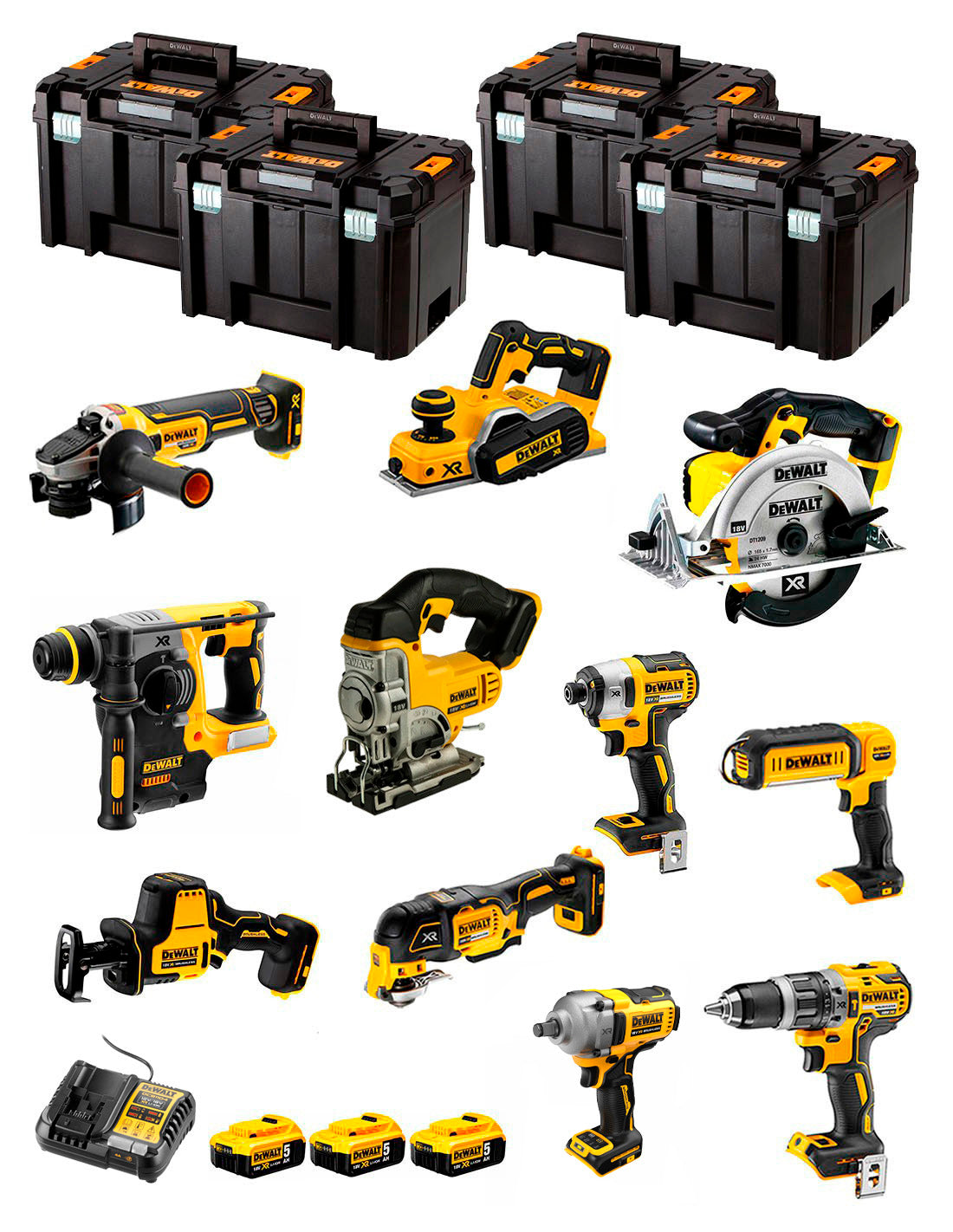 Kit Dewalt 11 outils + 3bat 5Ah + Chargeur DCB1104 + 4xTSTAK DCK111P3