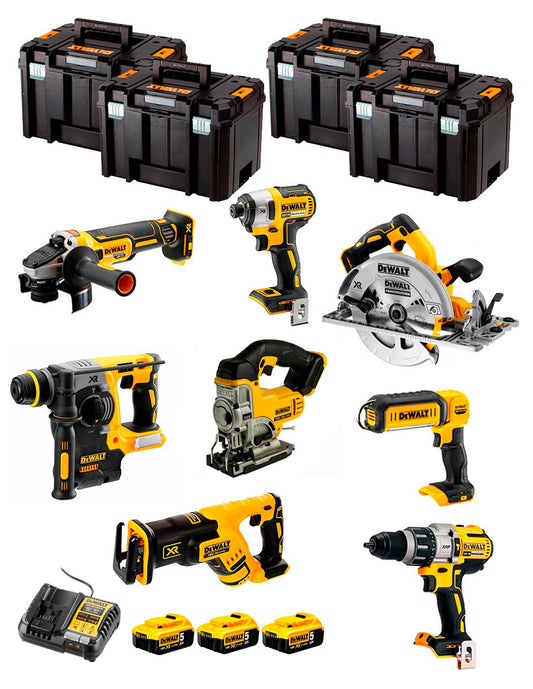 Dewalt Kit 8 gereedschap + 3 bat 5ah + DCB1104 Oplader + 4xTstak VI Kit DCK870P3