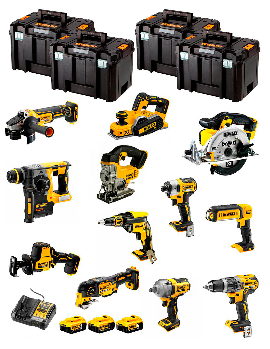 Dewalt Kit 12 tools + 3bat 5Ah + Charger DCB1104 + 4xTSTAK DCK129P3