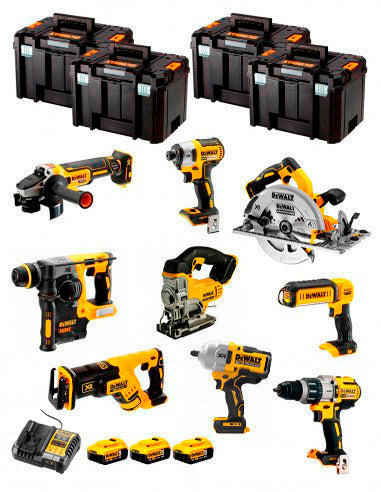 Dewalt Kit 9 gereedschap + 3 bat 5ah + DCB1104 Oplader + 4xTstak VI DCK970P3