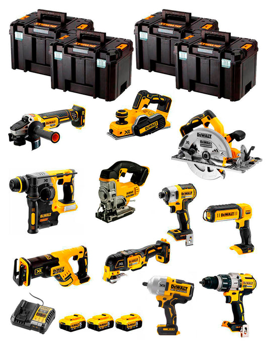 Dewalt Kit 11 gereedschap + 3bat 5Ah + DCB1104 Oplader + 4xTSTAK DCK110P3