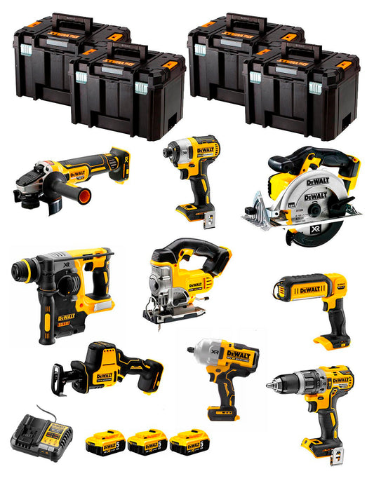 Dewalt Kit 9 gereedschap + 3 bat 5ah + DCB1104 Oplader + 4xTstak VI DCK991P3