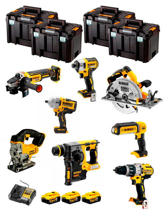 Dewalt Kit 8 gereedschappen + 3 bat 5ah + DCB1104 Oplader + 4xTstak VI Kit DCK834P3