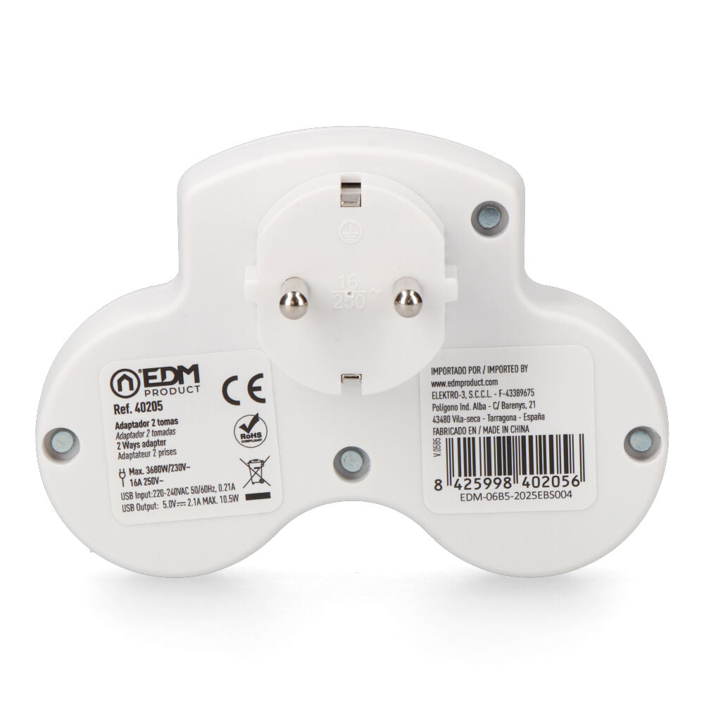 Adaptateur 2 prises 2P+T SCHUKO avec 2 ports USB (A + C) EDM