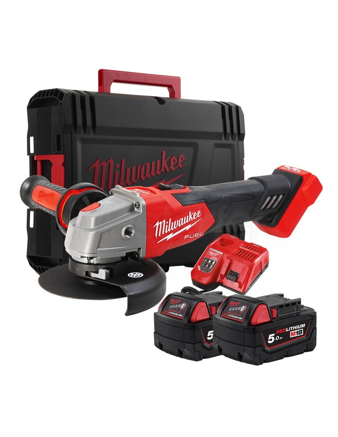 Meuleuse d’angle M18 125 mm avec frein et interrupteur à bouton + 2 batteries 5 Ah + chargeur + mallette Milwaukee M18 FSAG125XB-502X