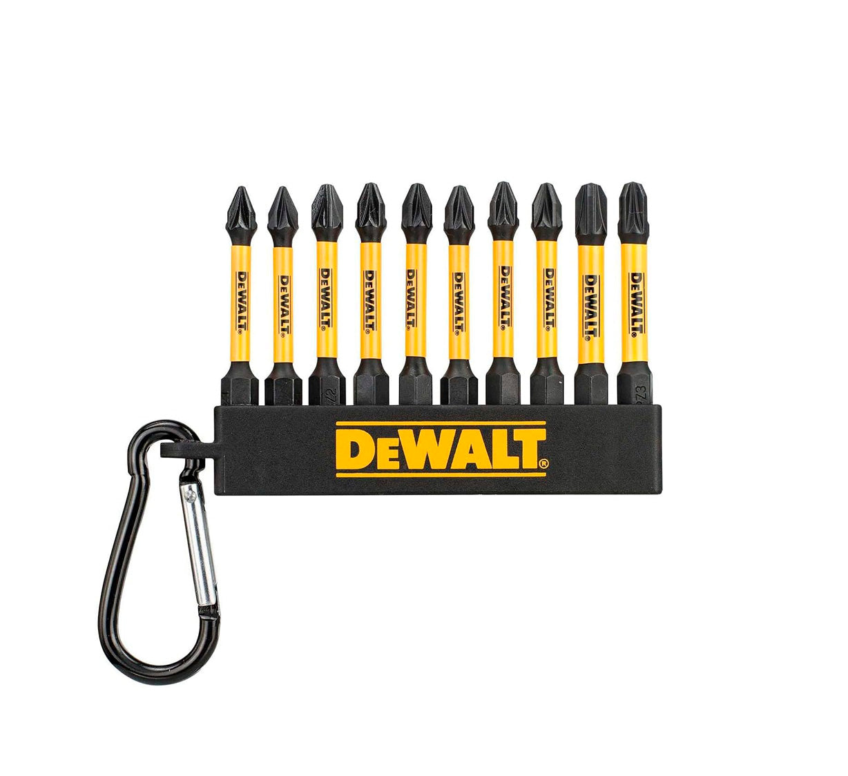 Set van 10 FLEXTORQ-bits 57 mm PZ2 en PH2 met karabijnhaak Dewalt DT7274