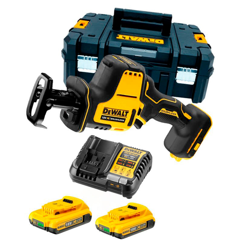 Mini borstelloze reciprozaag 18V met 2 2,0Ah accu's en Dewalt DCS369D2 koffer