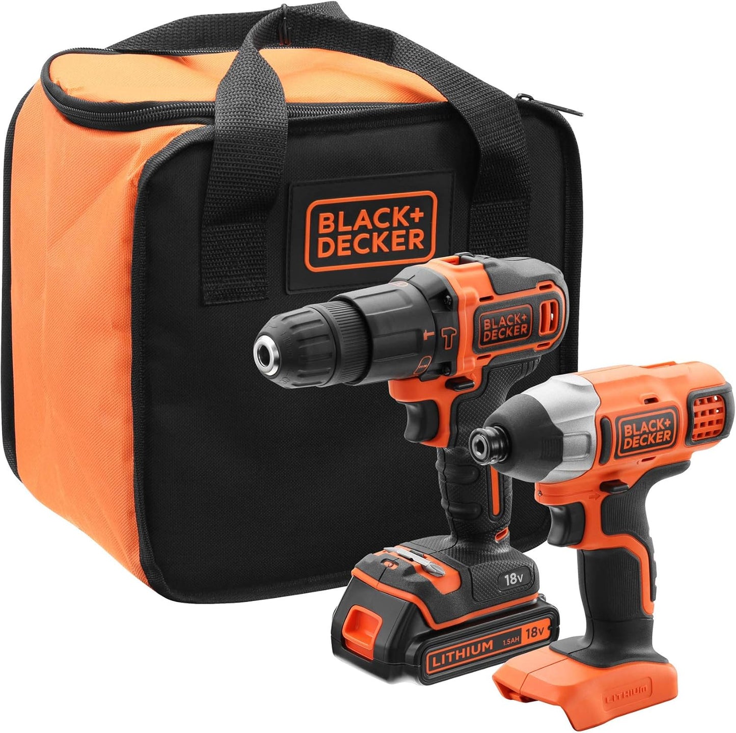 Taladro percutor y atornillador de impacto 18V con batería y cargador Black+Decker BCK21S1S