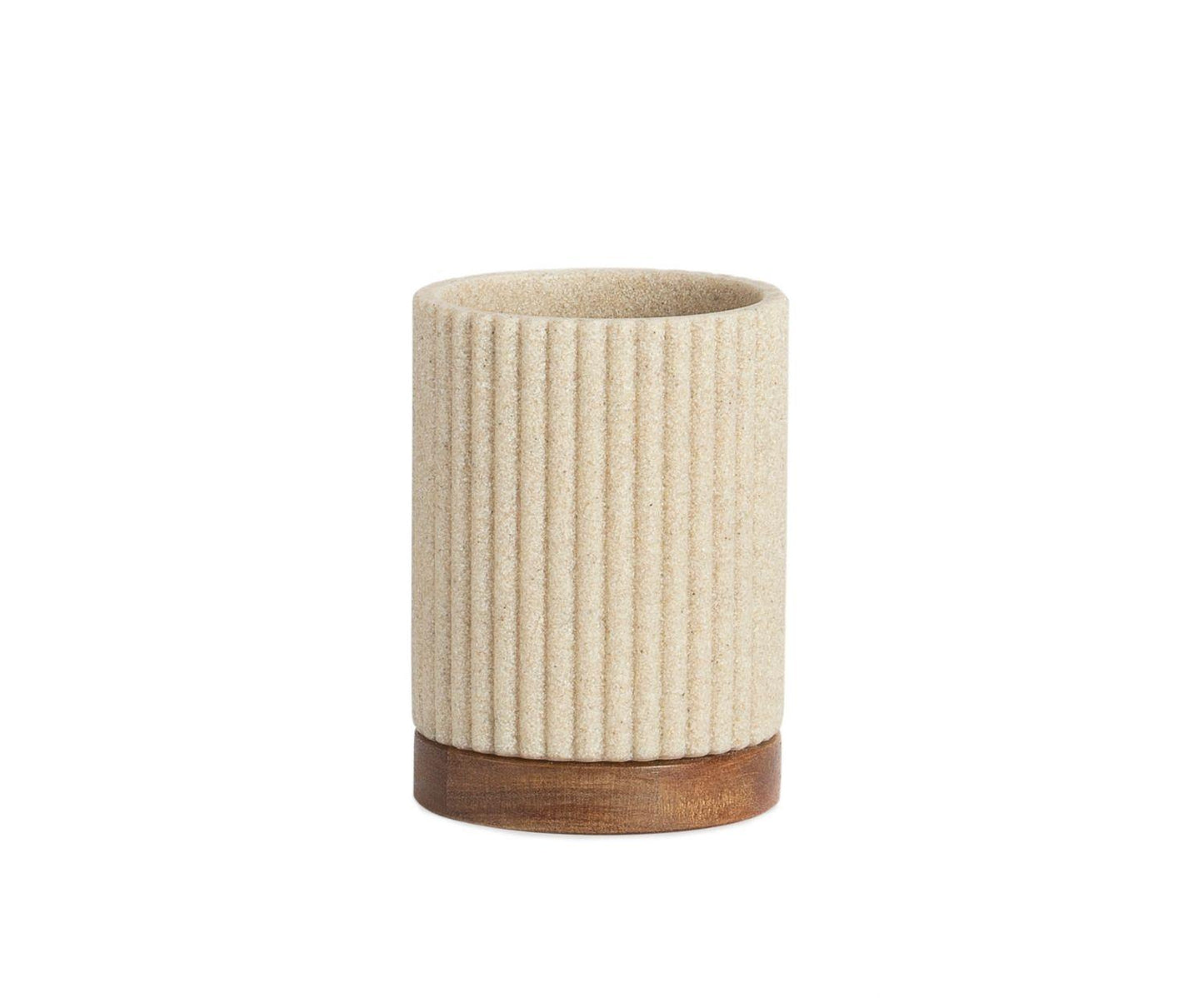 Beige tandenborstelhouder van polyresina en acaciahout Ø8×11 cm Andrea House