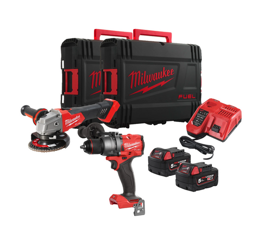 Perceuse à percussion Powerpack + Meuleuse + 2bat 5Ah + chargeur Milwaukee avec 2 valises M18 FPP2E3-502X