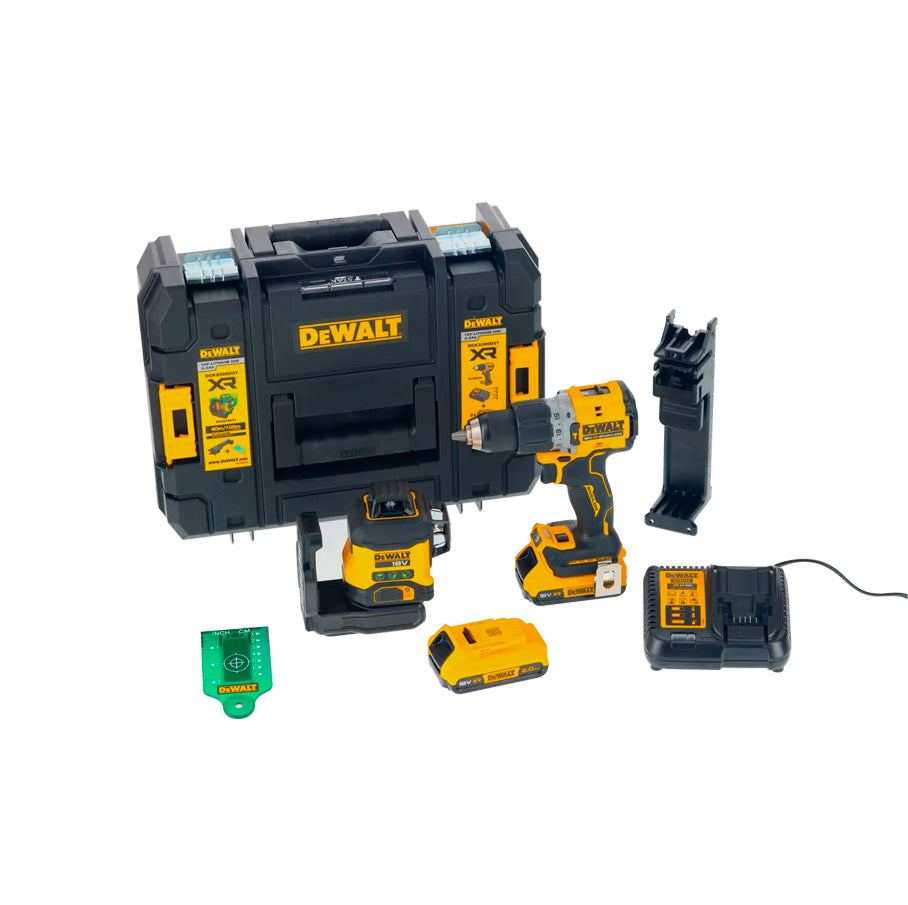 Kit niveau laser VERT 3 lignes 360° XR 18 V + Perceuse à percussion XR 18 V + 2 batteries 2 Ah + Chargeur + Mallette Dewalt DCLE34031N