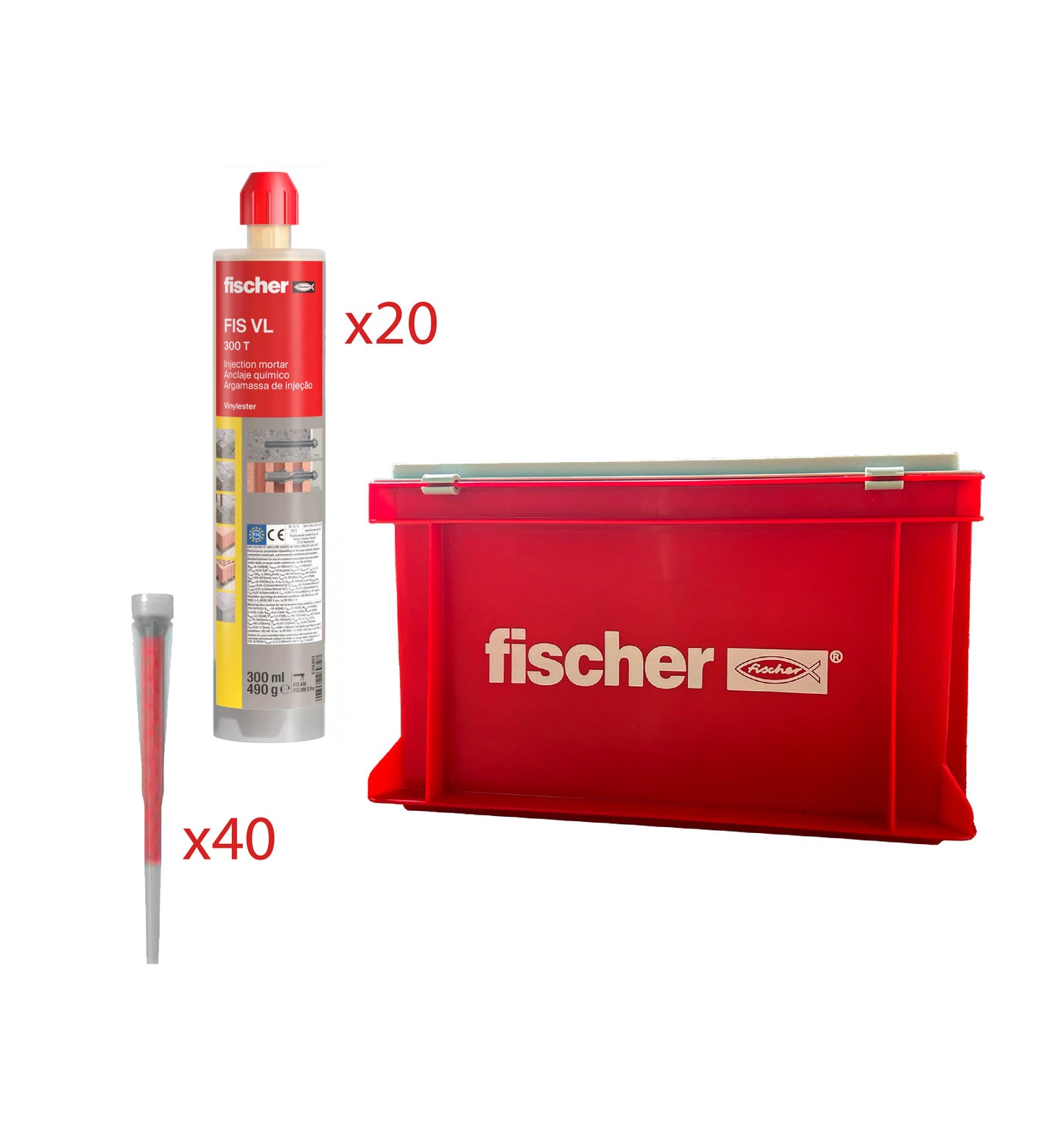Pack de 20 cartouches de 300 ml FIS VL 300 T Chemical Plug + 40 buses + boîte Fischer 574270