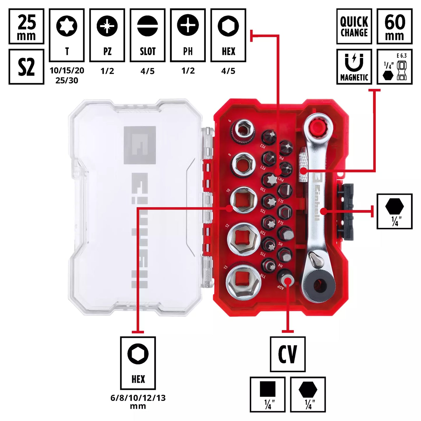 Juego de puntas y vasos XS-CASE 21pc LS Einhell 49118683