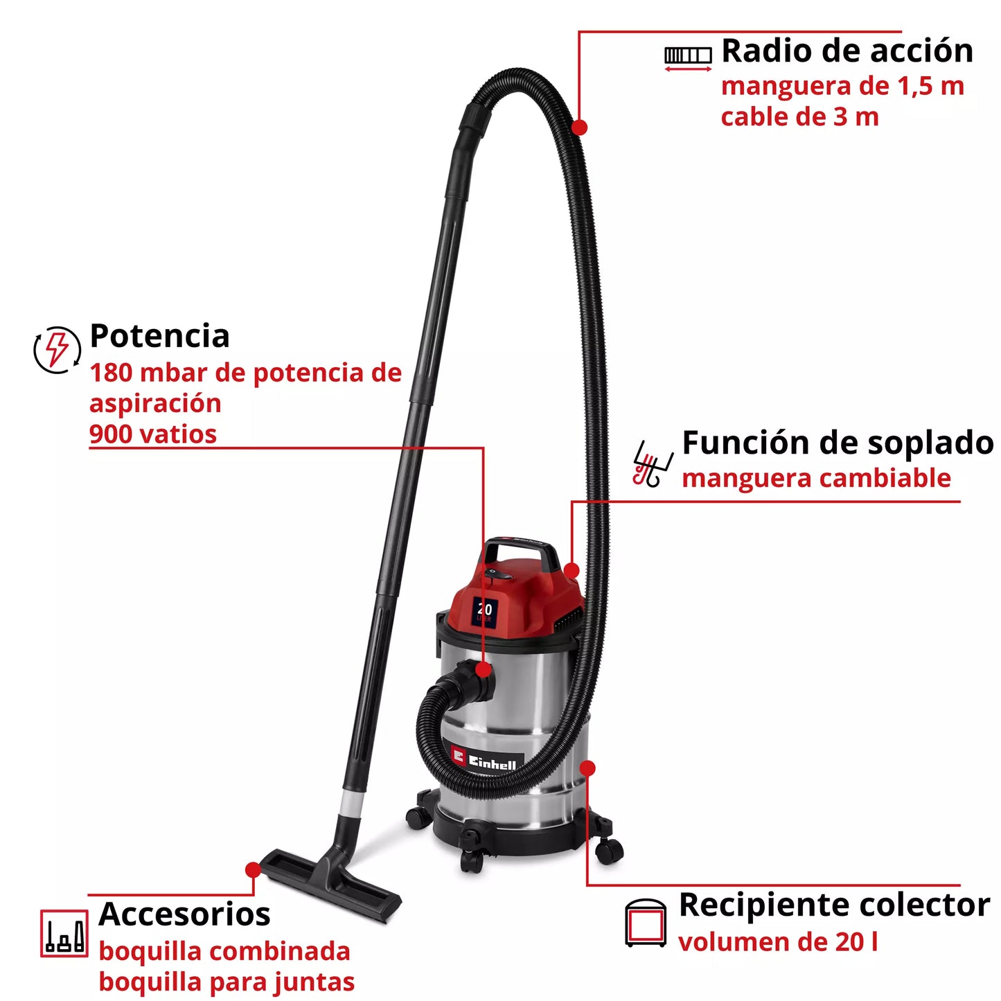 Aspirateur eau et poussière 20L 900W Einhell TC-VC 2045 S