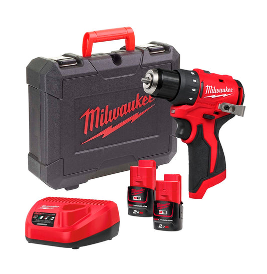 Boormachine + 2 accu's van 2,0 Ah + oplader + koffer Milwaukee M12 BLDDRC-202C