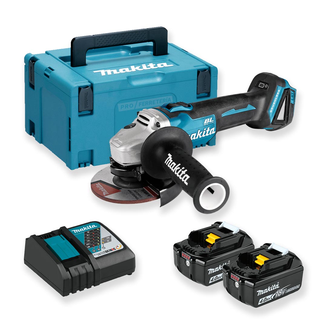 18V 125 mm minislijpmachine met 2 4Ah-batterijen en Makita DGA504RMJ-koffer