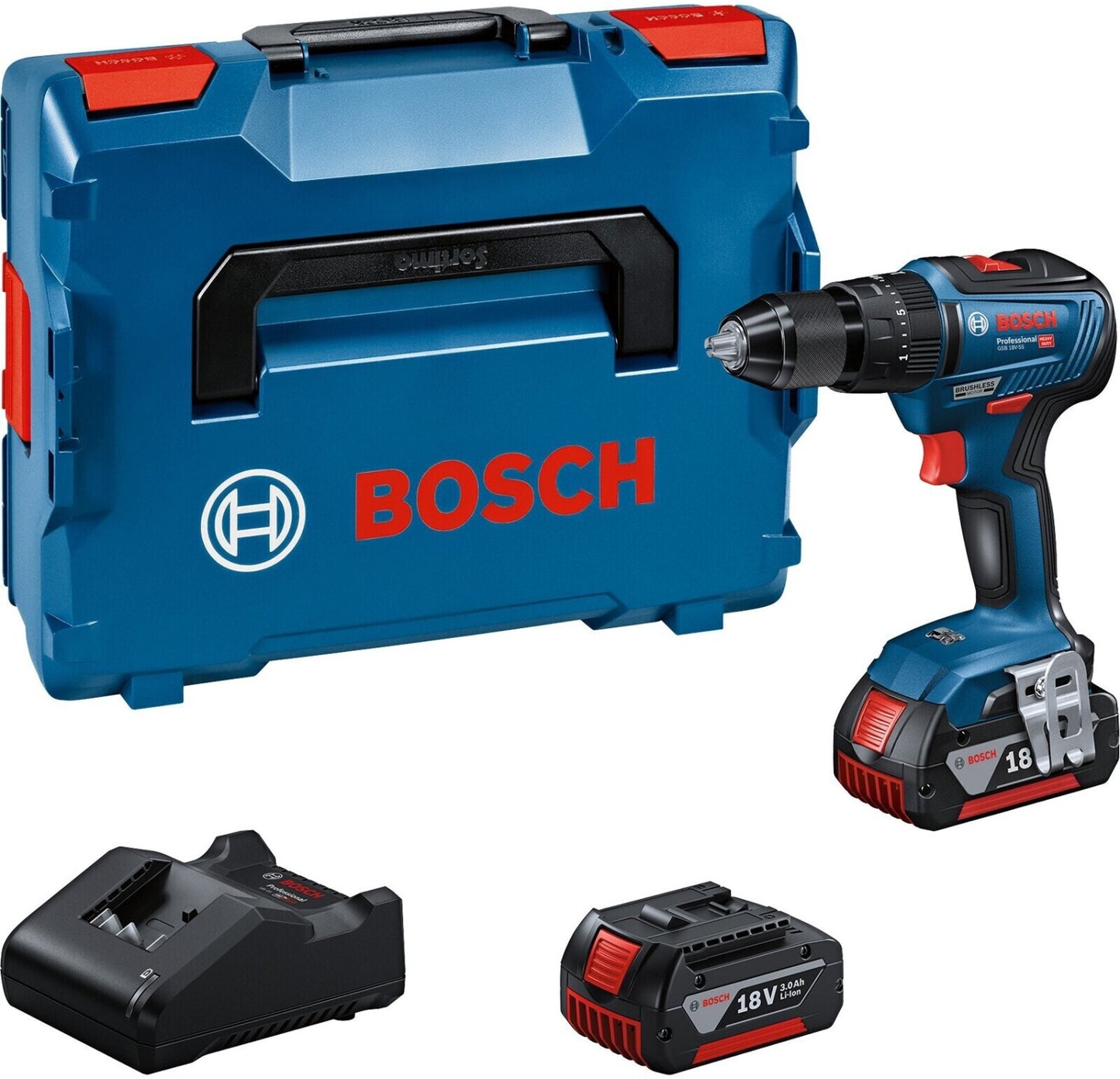 Perceuse GSB 18V-55 + 2bat 3Ah + chargeur GAL 18V-20 + mallette Bosch