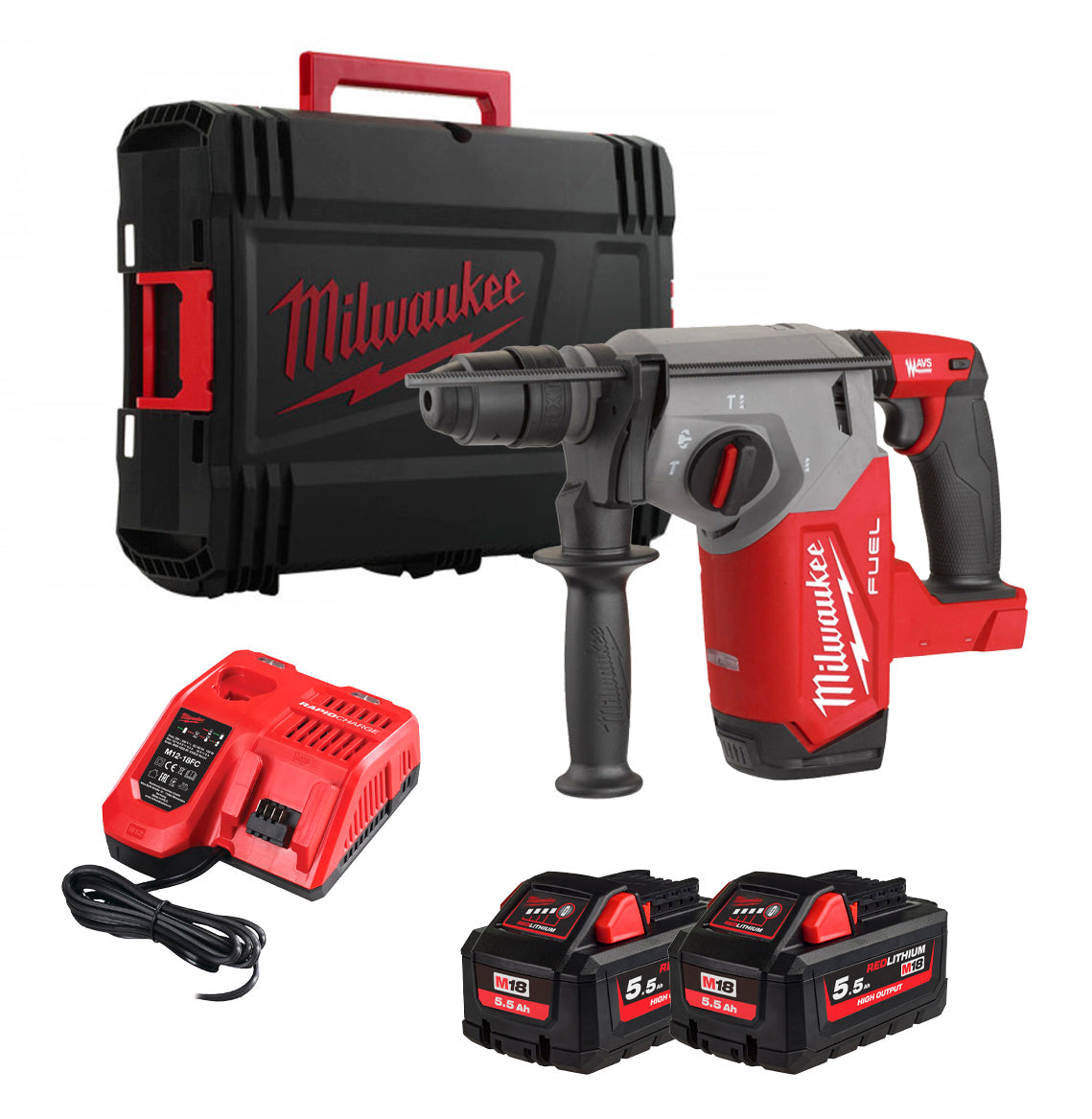 Marteau combiné SDS-Plus 26 mm avec Fixtec 2.5J + 2bat 5.5Ah + Chargeur + Mallette Milwaukee M18 FHX-552X